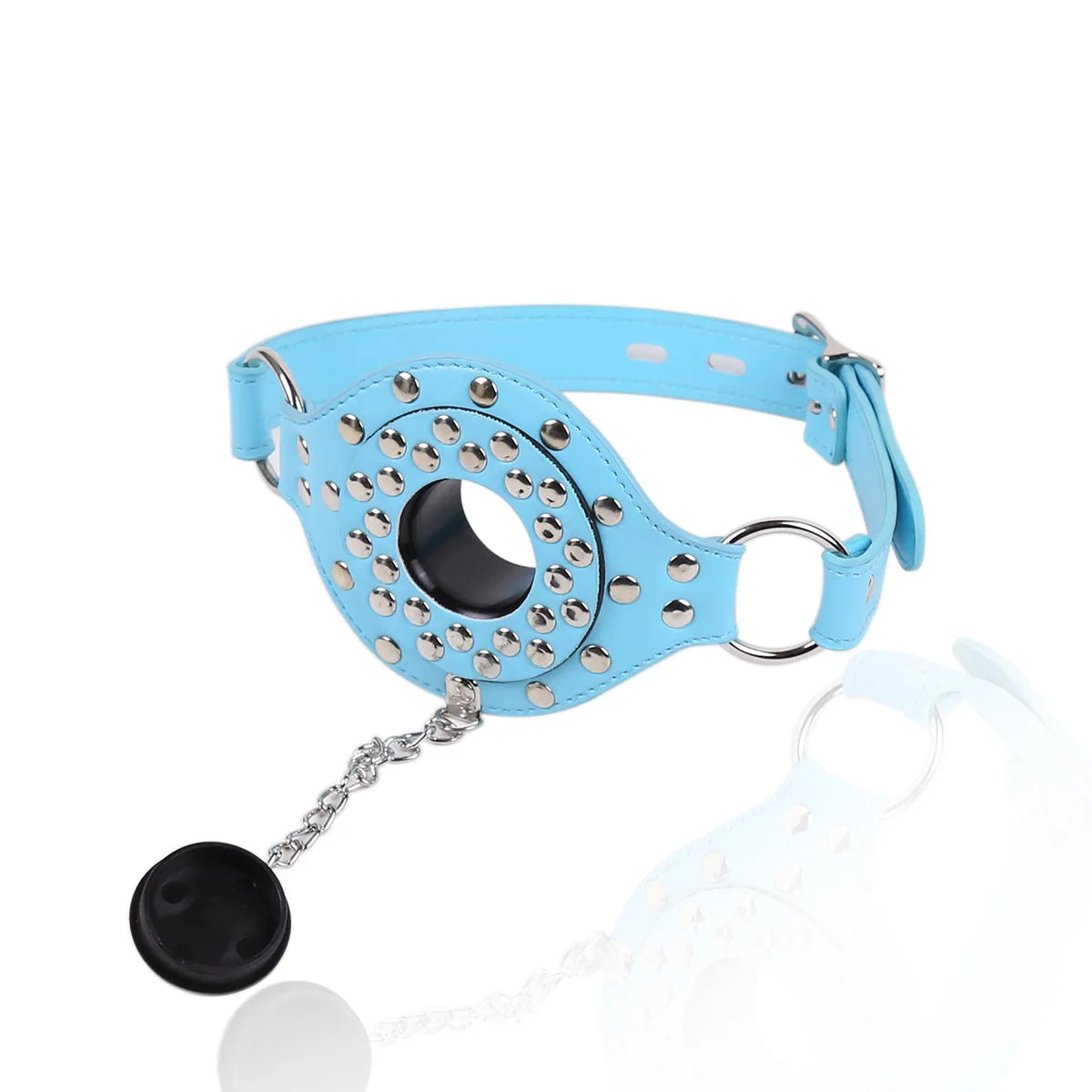 blue pet play muzzle gag full view showing structured facial frame
