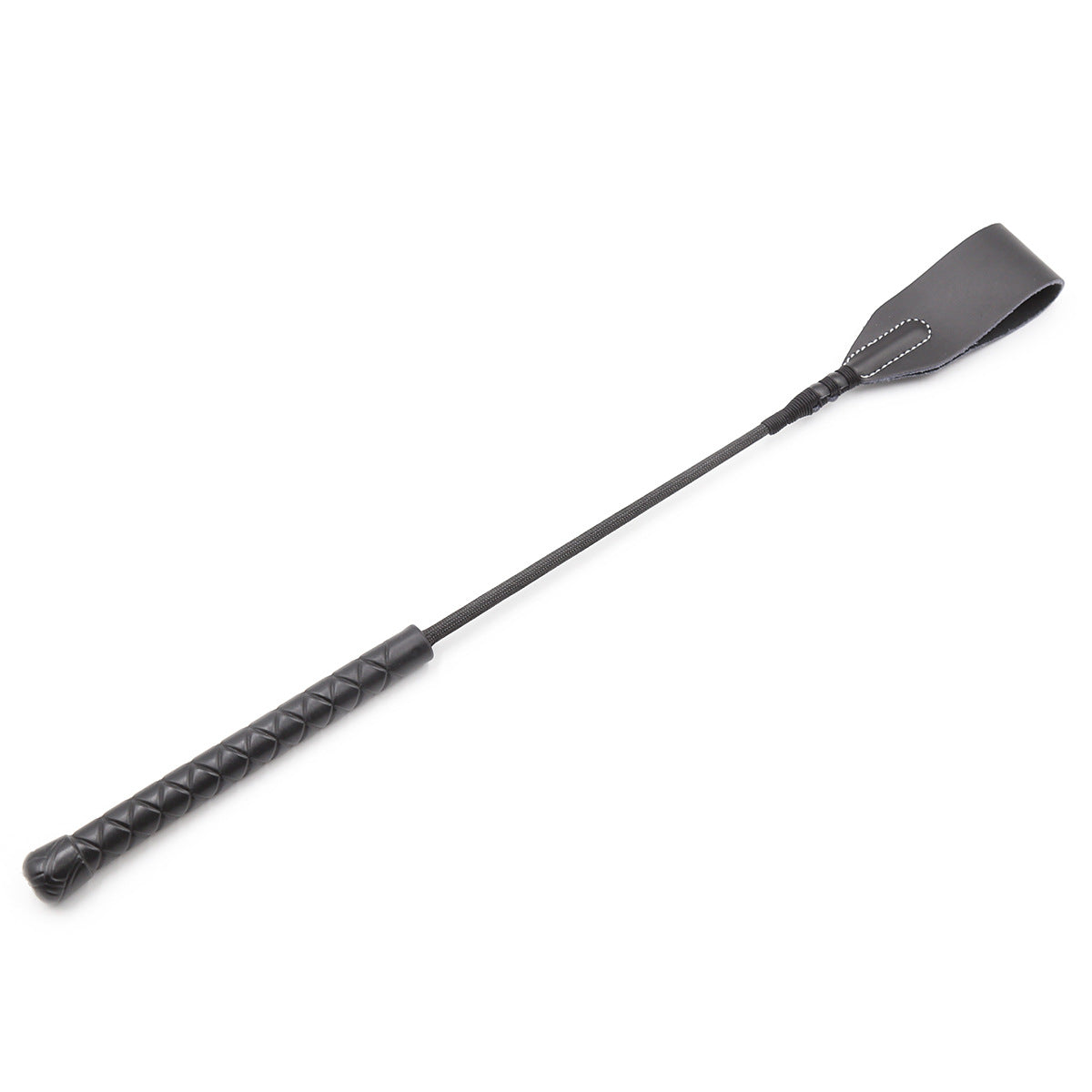 Black square-head riding crop on white background