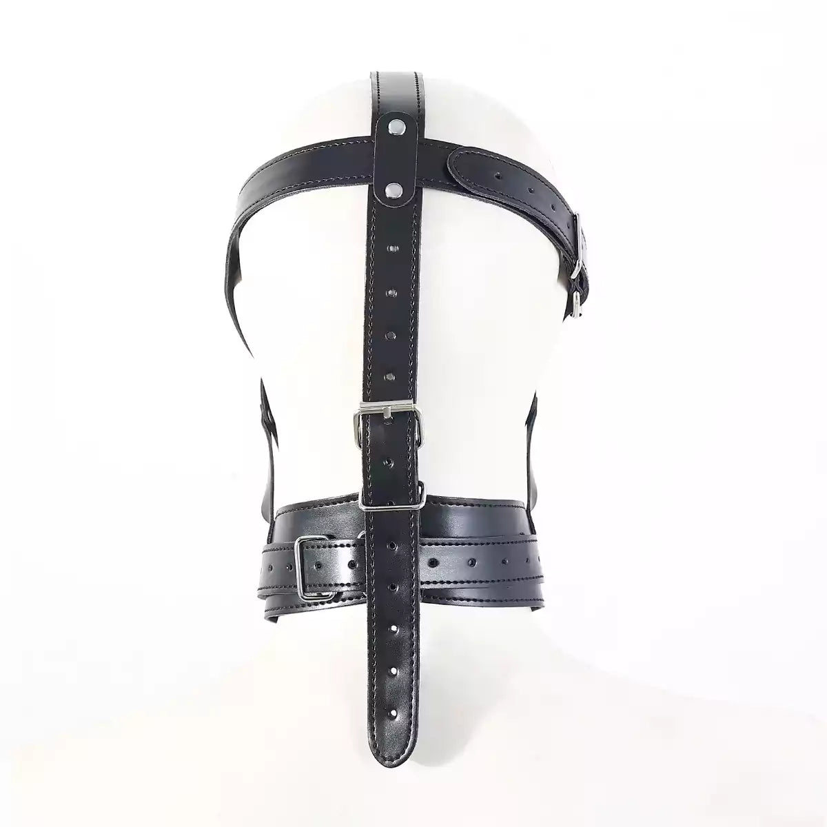 rear view of adjustable straps on hooded ball gag for secure fit
