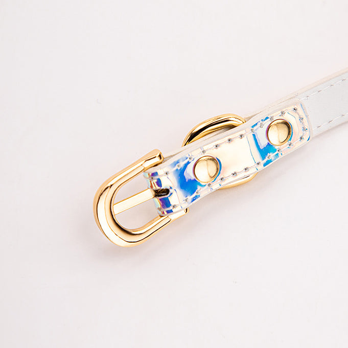 Detailed view of the colorful rainbow strap material and finish on the iridescent ball gag