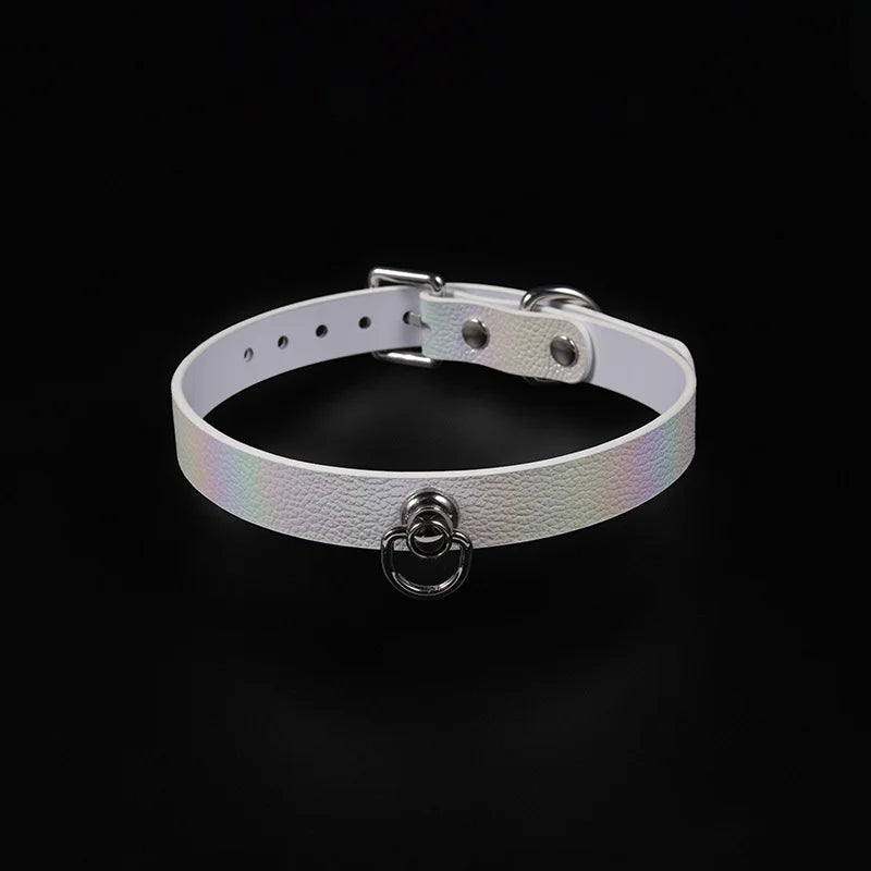 Close detail of iridescent leather texture and gunmetal hardware