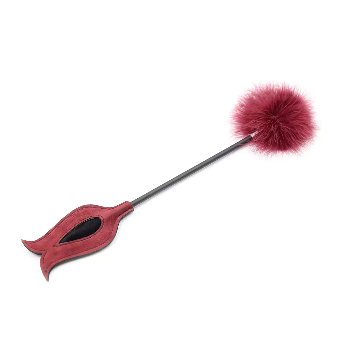 Angled full view of red feather BDSM crop showing dual-ended design