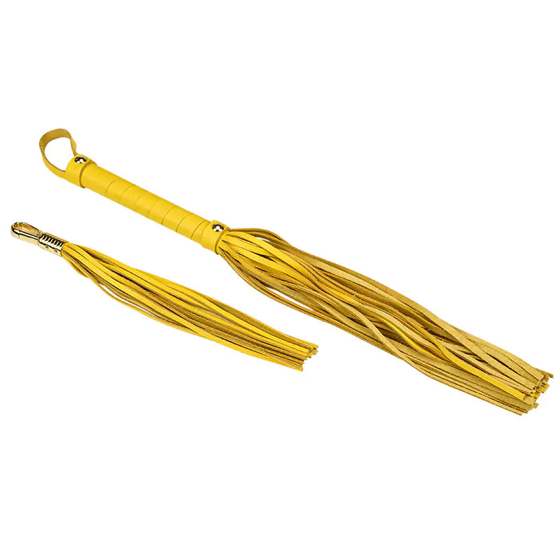 yellow genuine leather flogger set showing full-size and mini pieces