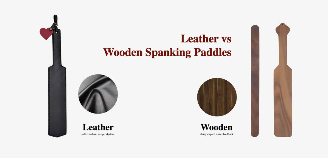 comparison between leather and wooden spanking paddles showing material differences and structure