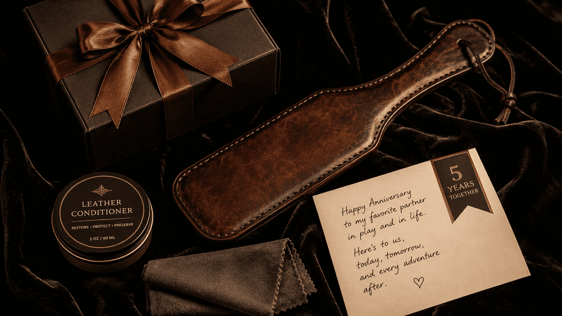 curated anniversary gift collection for impact play couple on dark velvet surface