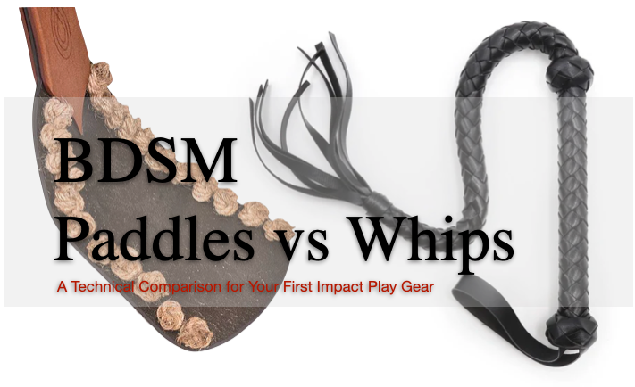 BDSM paddles and whip displayed side by side for technical impact play comparison.