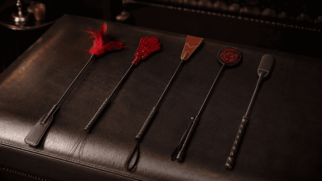 five distinct riding crops with varied tip designs arranged in a moody studio setting
