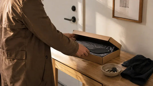 Adult opens an unbranded package containing a leather paddle