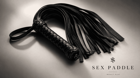 black leather flogger with multiple tails in dramatic studio lighting