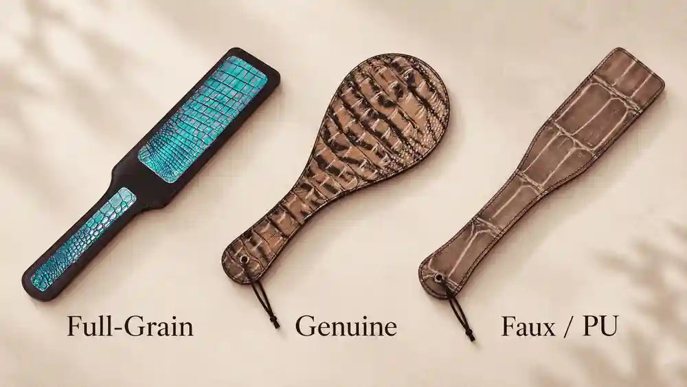 Full-grain, genuine and faux leather spanking paddles shown side by side for material comparison