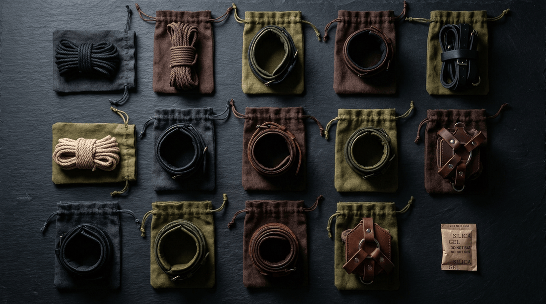 Bondage gear storage guide by material — leather, silicone, wood and metal