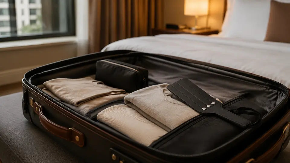 ALT：Compact leather paddle packed discreetly in hotel luggage