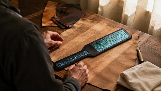 Hands inspect a full grain crocodile leather paddle