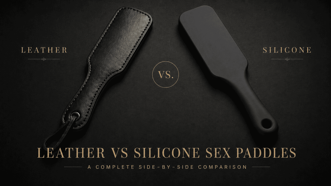Leather vs silicone sex paddle material comparison showing 