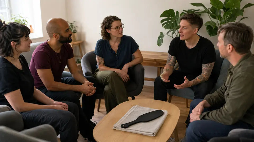 Adults discuss local kink community experiences in a respectful workshop