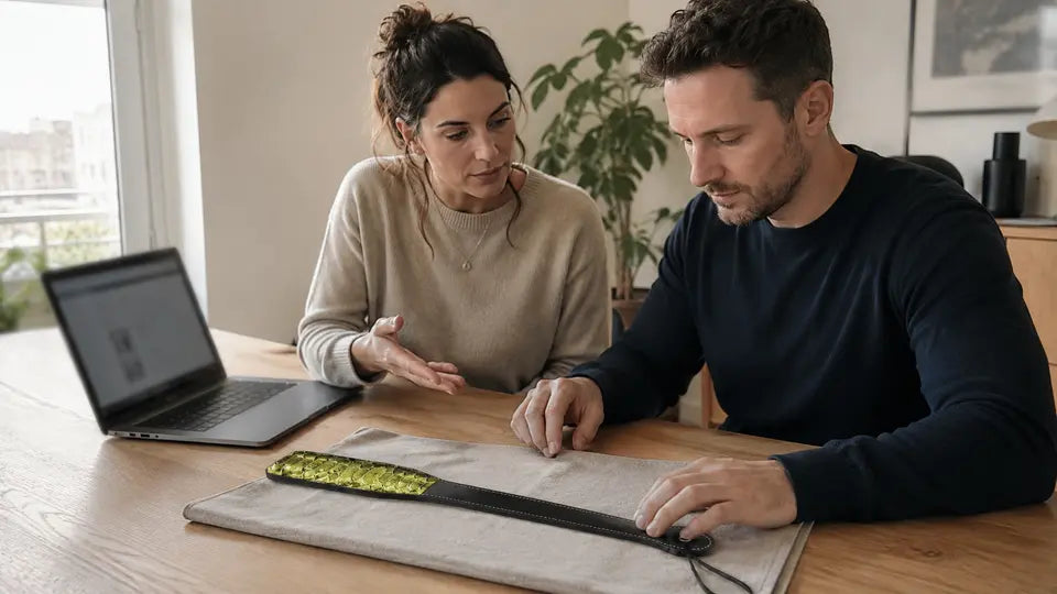 Couple evaluates a green paddle before adding it to cart