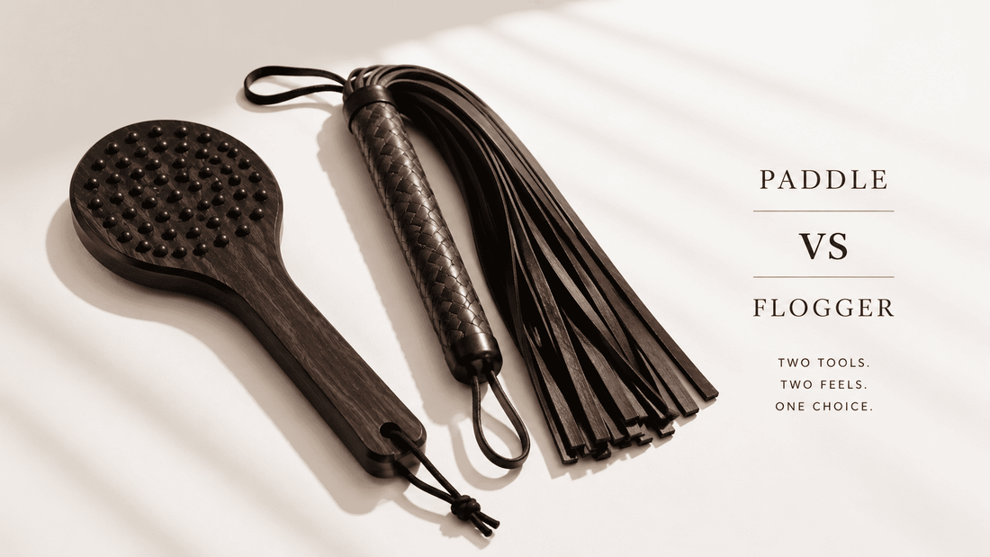 wooden paddle and leather flogger side by side comparison