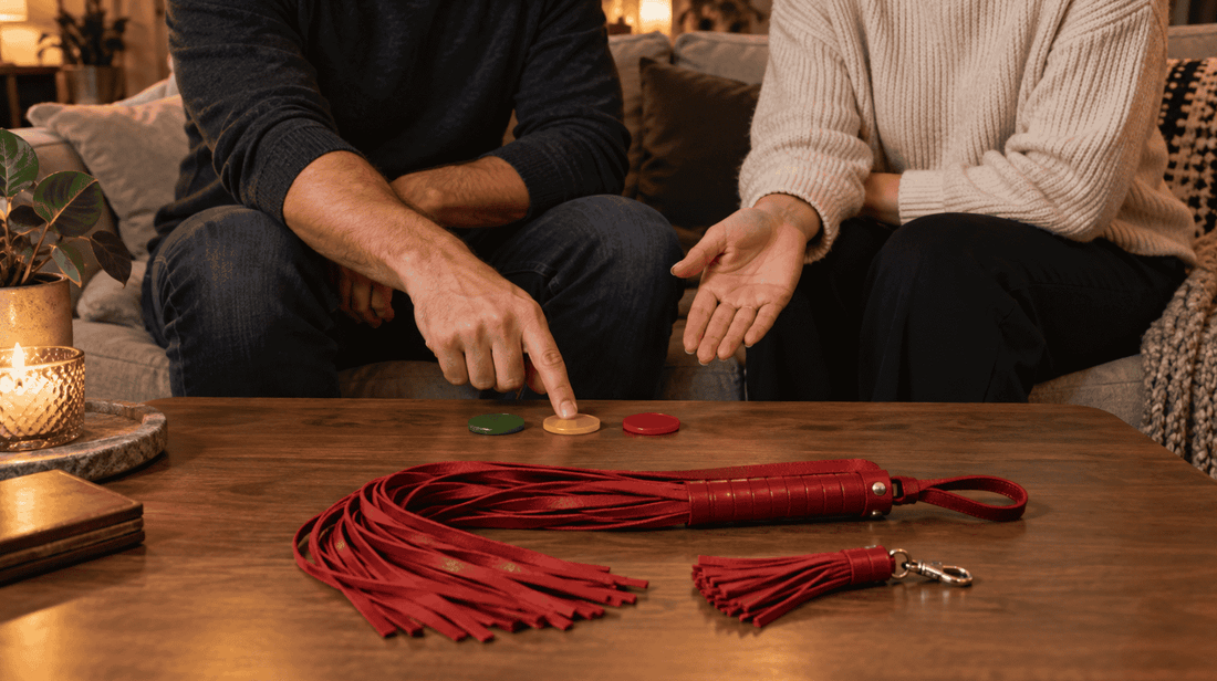 Couple uses traffic light signals to calibrate intensity beside a red leather flogger set
