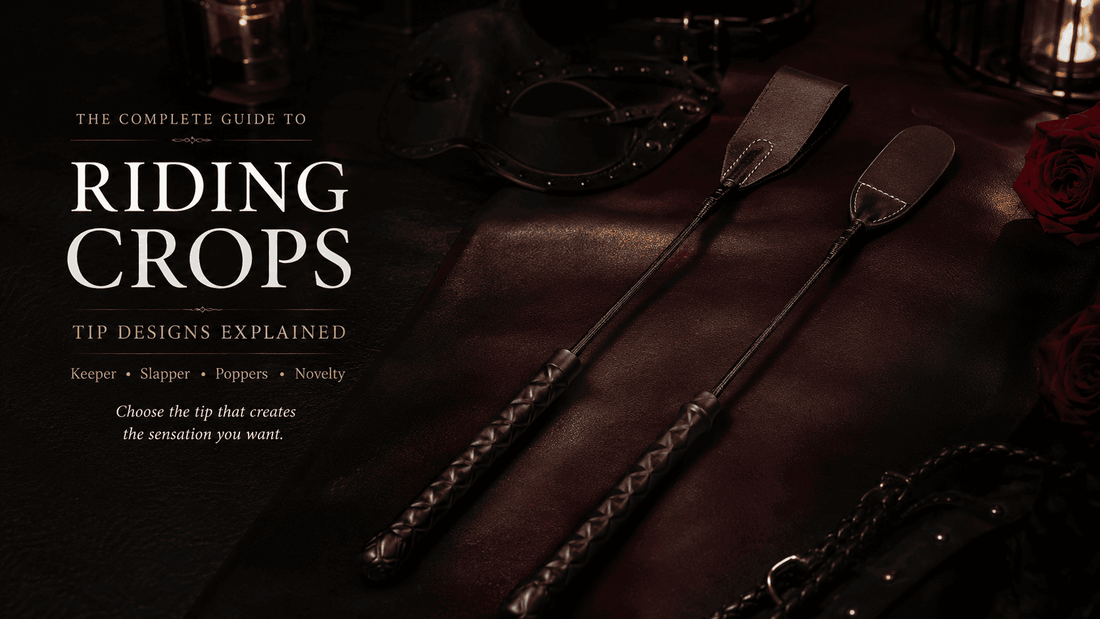 two leather riding crops with different tip designs in a moody studio setting