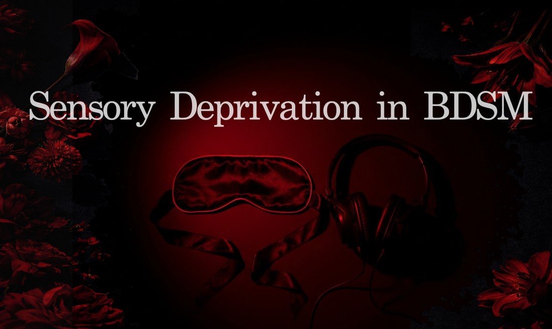 Black satin blindfold and noise-canceling headphones for BDSM sensory deprivation play