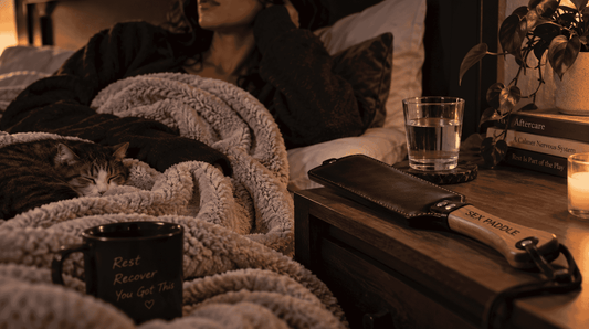 Extended aftercare setting with sensory grounding essentials for winding down after a BDSM scene
