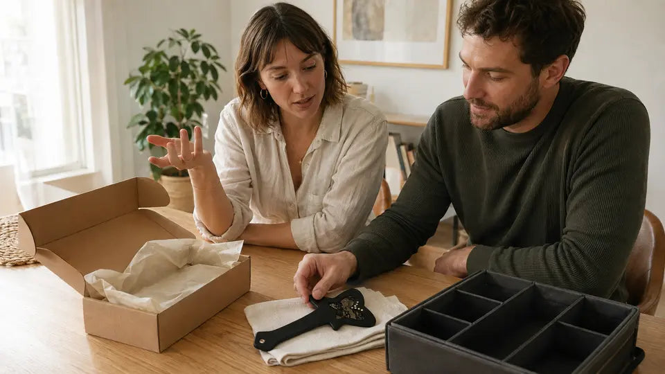 Couple compares a subscription box with a curated paddle organizer