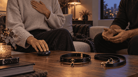 Adults practice grounding beside a symbolic leather BDSM collar