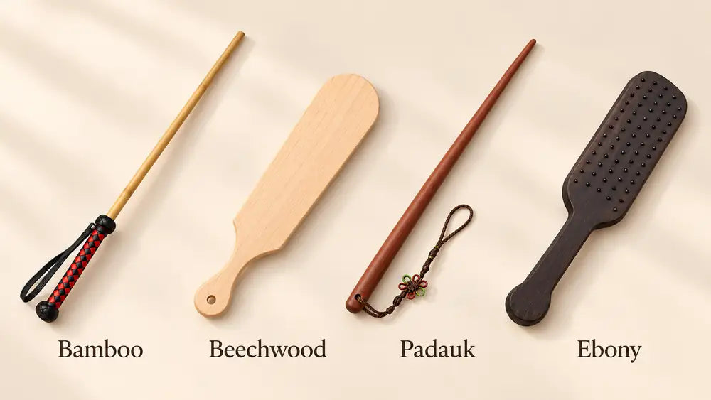 Bamboo, beechwood, padauk and ebony impact tools shown side by side for wood hardness comparison