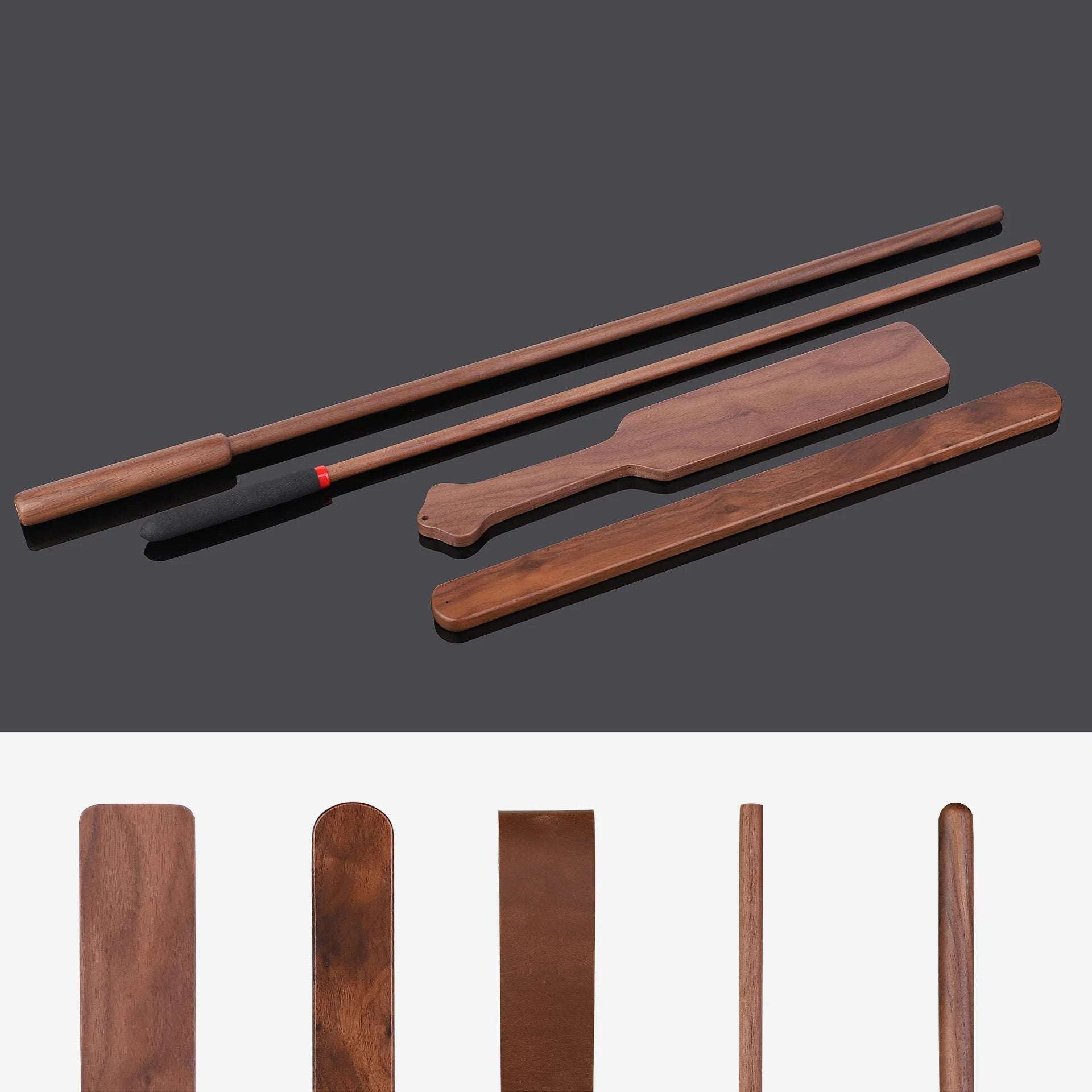 Close-up detail of 5-piece solid wood discipline set tools