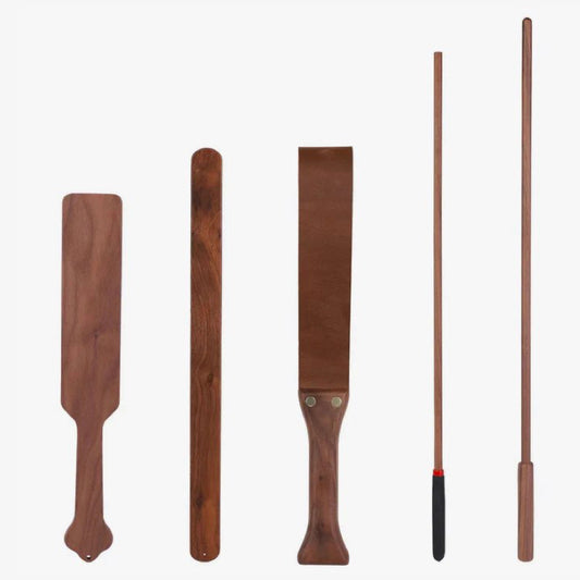 5-piece solid wood spanking set full collection showing all five tools