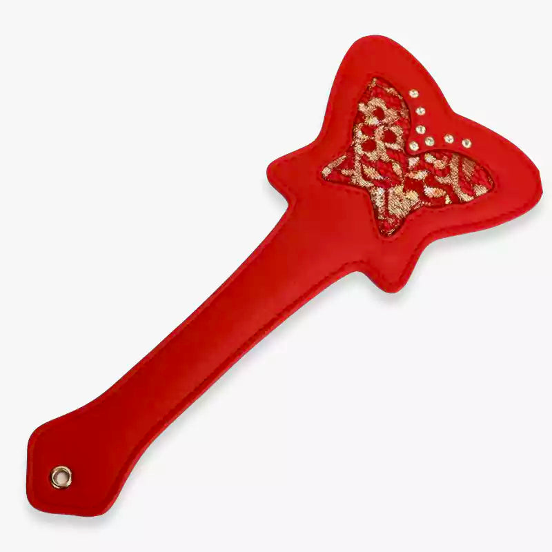 Schmetterlings-Spanking-Paddel aus Spitze – goldene Spitze, Schmetterling, Kunstleder, Schwarz, Rot