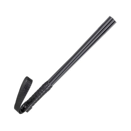 Black acrylic discipline cane with faux leather handle displayed on a clean white background