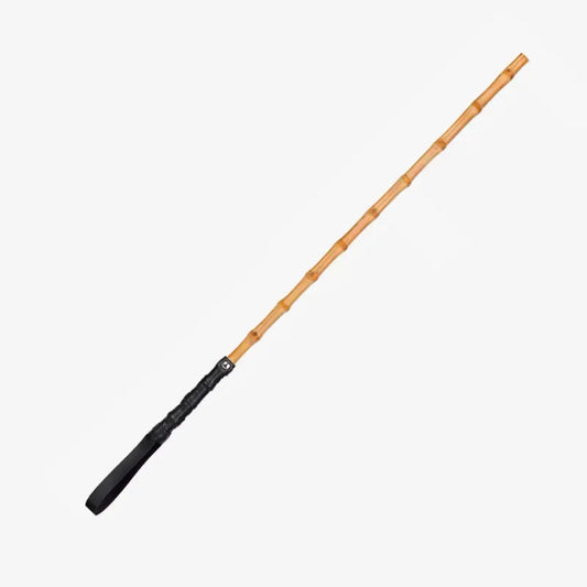 Bamboo segment discipline cane with black leather handle full view