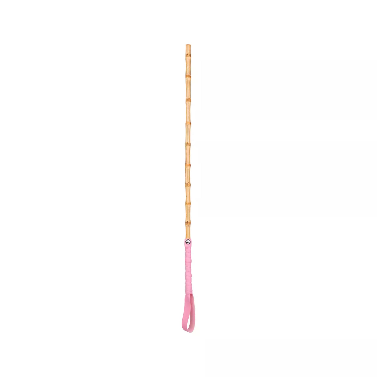 Front view of bamboo segment discipline cane with pink leather handle