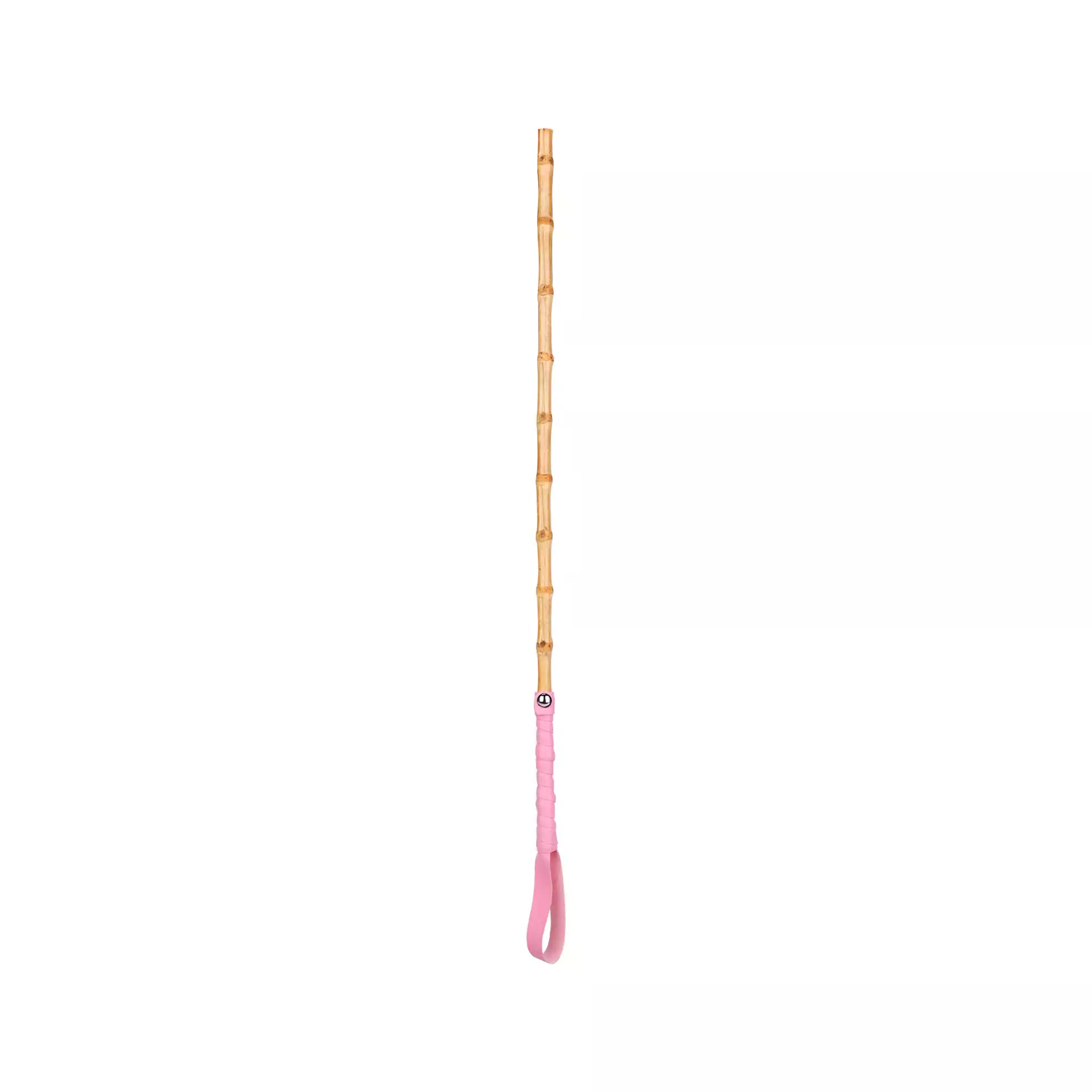 Front view of bamboo segment discipline cane with pink leather handle