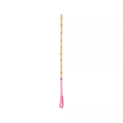 Front view of bamboo segment discipline cane with pink leather handle