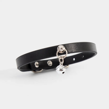Black minimalist bell leather collar full front view without chain
