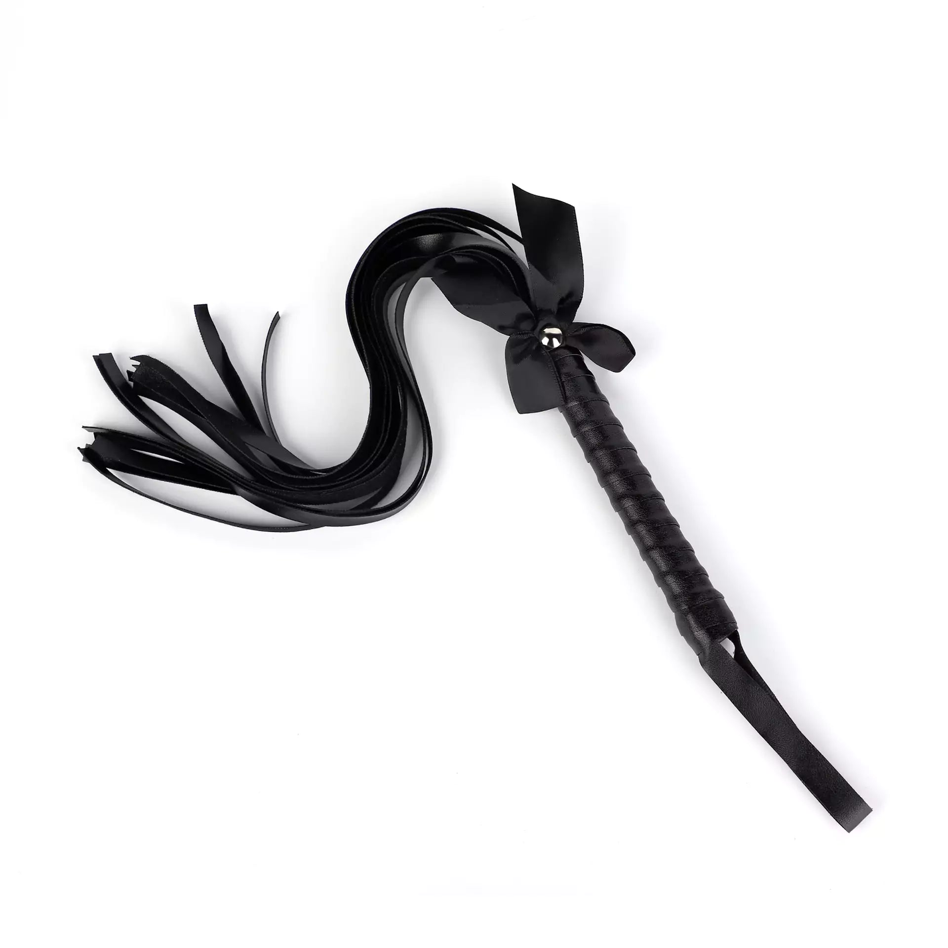 Black bow-tie fringe BDSM flogger full view