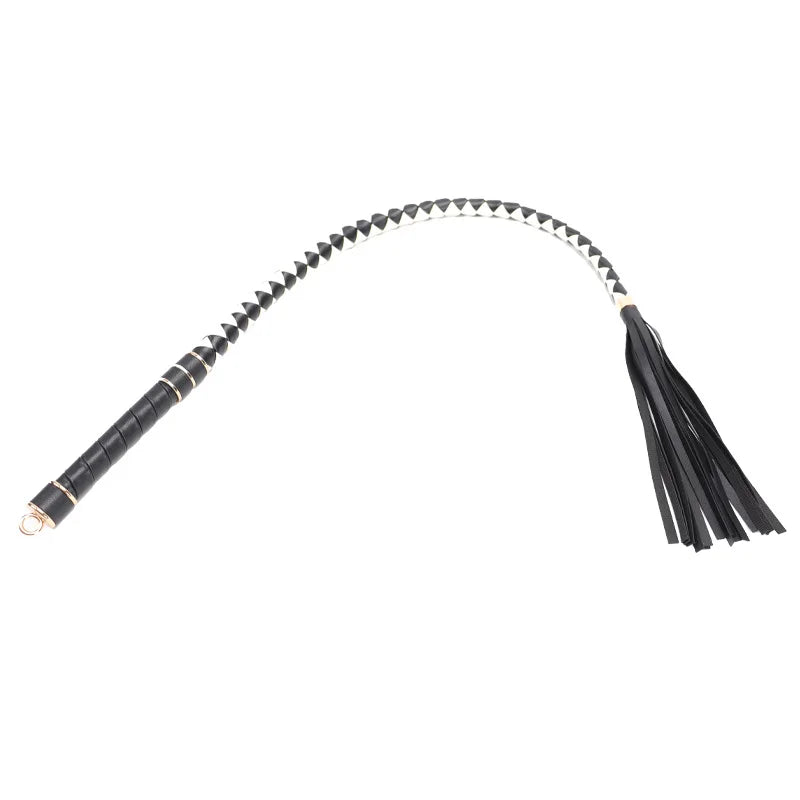 Black two-tone braided BDSM whip full front view