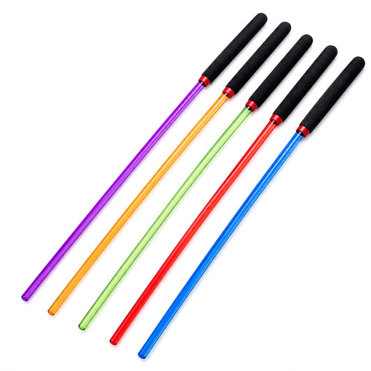 Red, purple, green, orange and blue transparent plastic canes on a white background