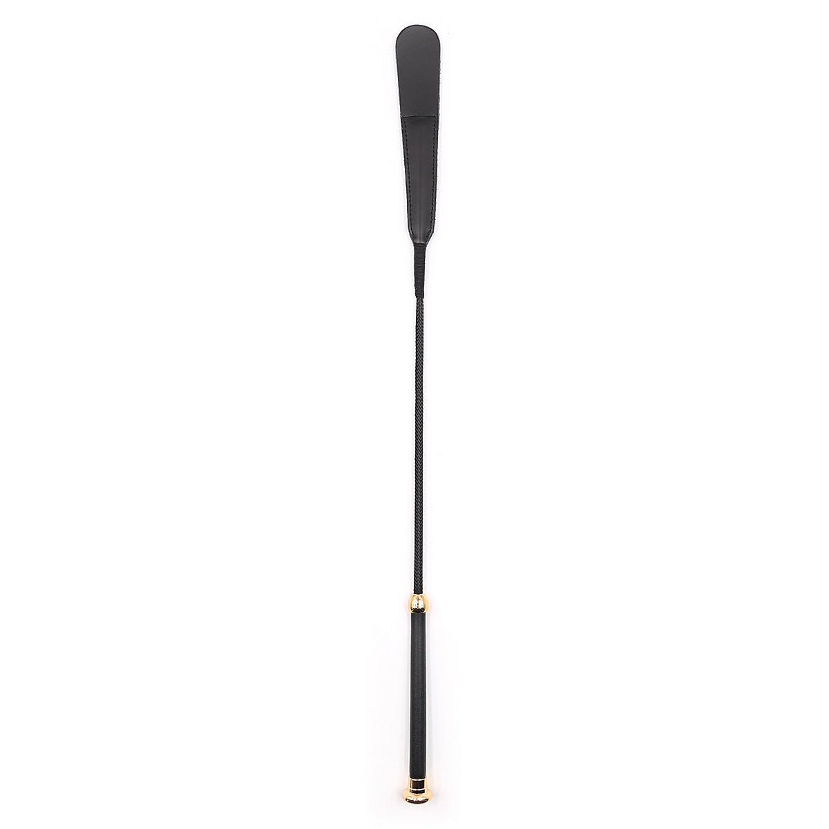 Front view of black cowhide riding crop showing full length