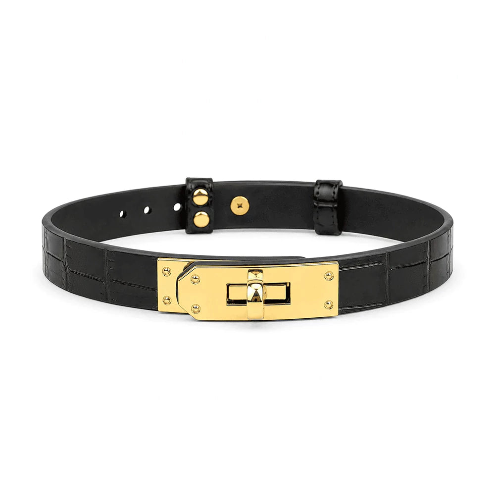 Schwarzes Krokodilleder BDSM Halsband mit Leine — Goldene Beschläge Luxus Choker