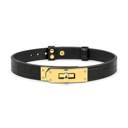 Schwarzes Krokodilleder BDSM Halsband mit Leine — Goldene Beschläge Luxus Choker