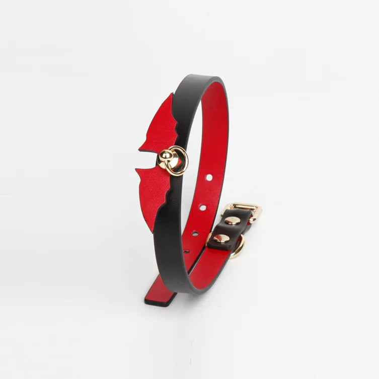Black Devil Wing leather roleplay collar angled detail view