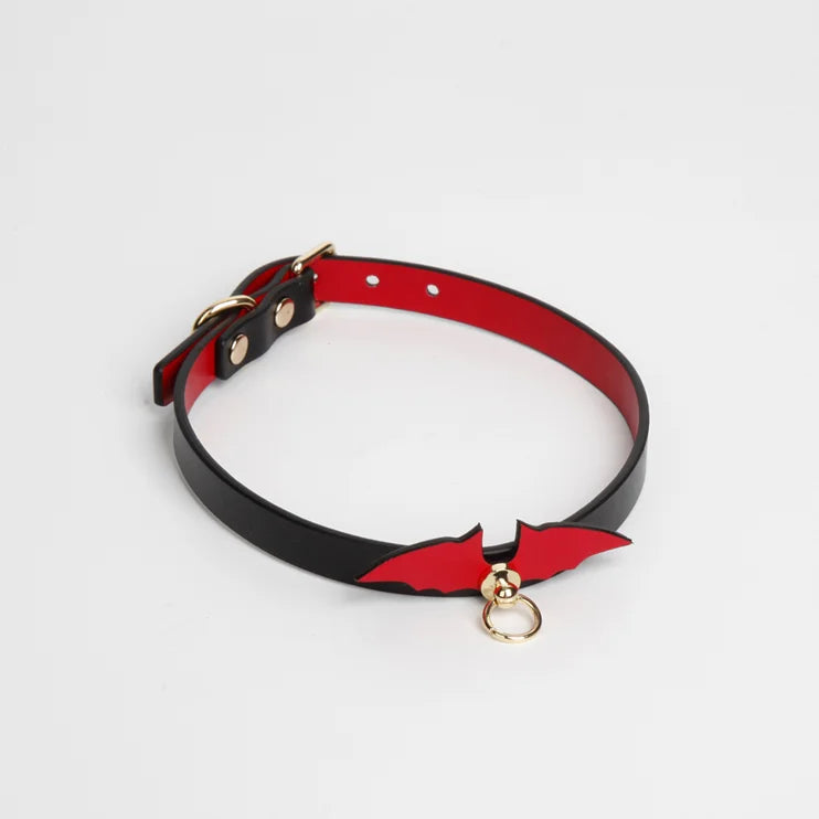 Black genuine leather Devil Wing roleplay collar full view