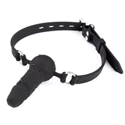 Black dual-mode phallic ball gag shown from an alternative product angle