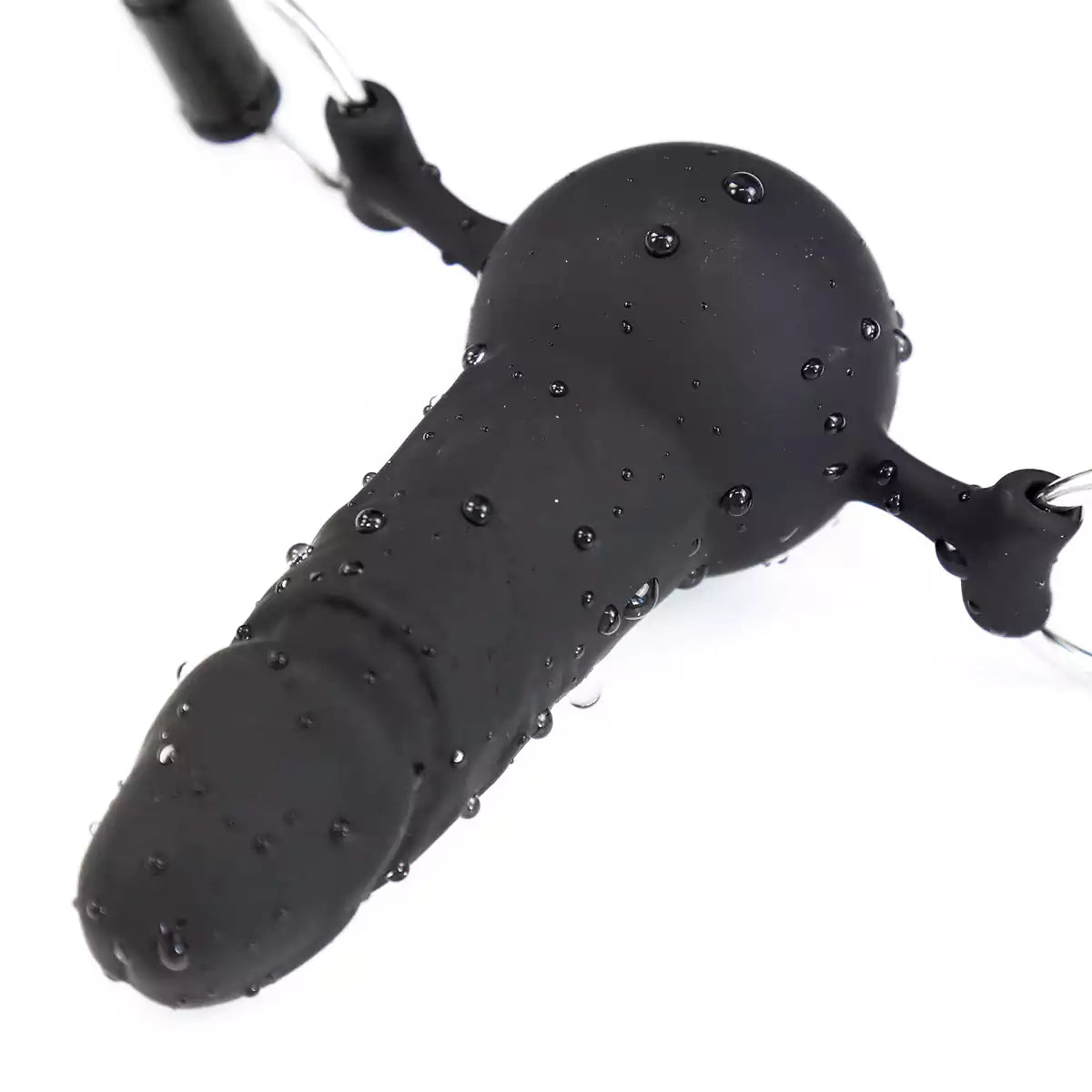 Close-up detail of the black dual-mode phallic ball gag