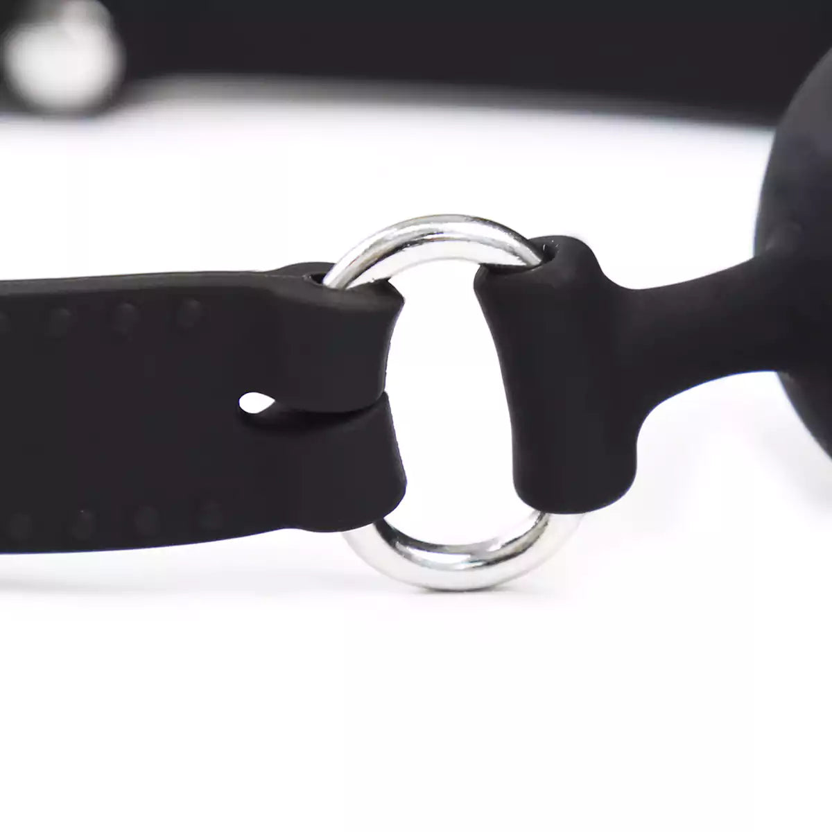 Detailed view of the black reversible phallic ball gag design