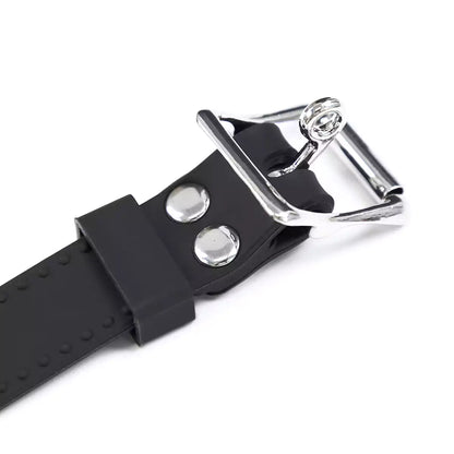 Close-up view of the black dual-mode silicone gag construction