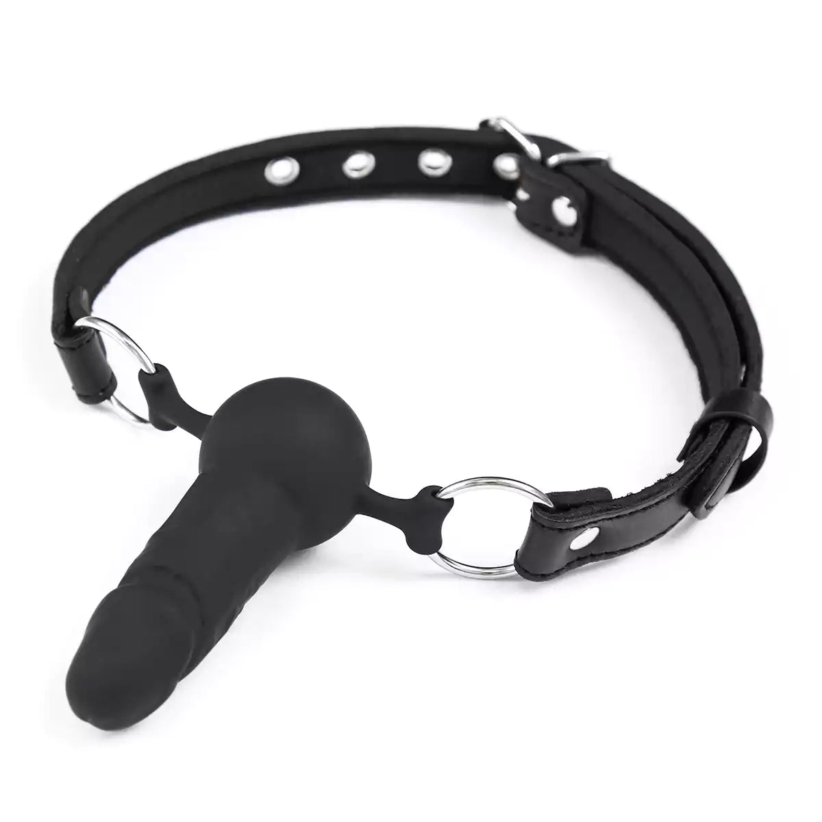 Black dual-mode phallic ball gag with faux leather material displayed on a white background